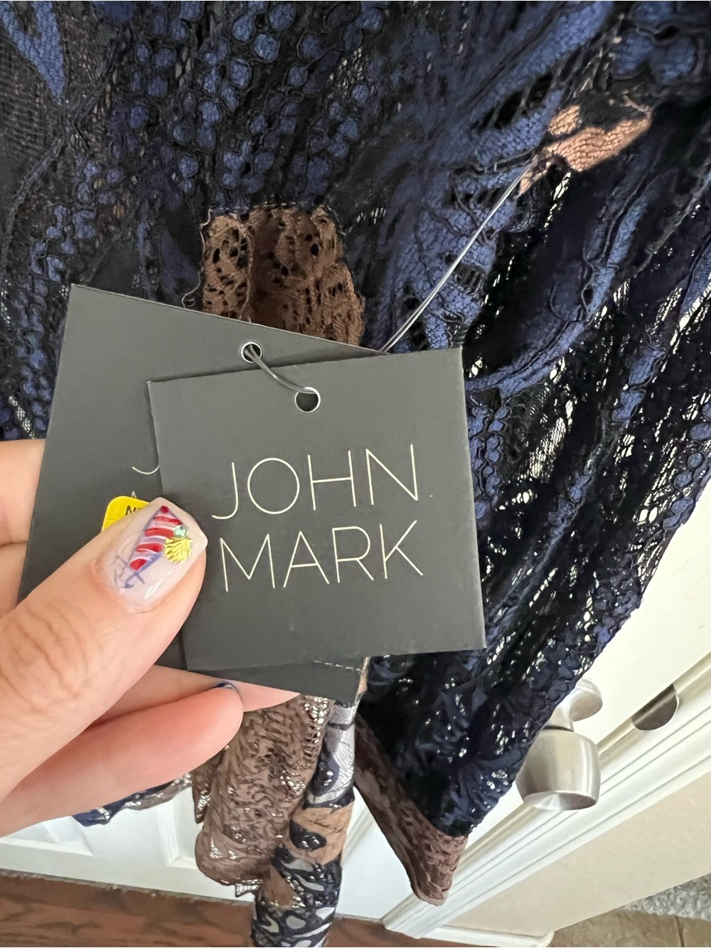 John Mark NWT Patchwork Lace Button Front Tunic Navy Floral Large - Picture 4 of 12